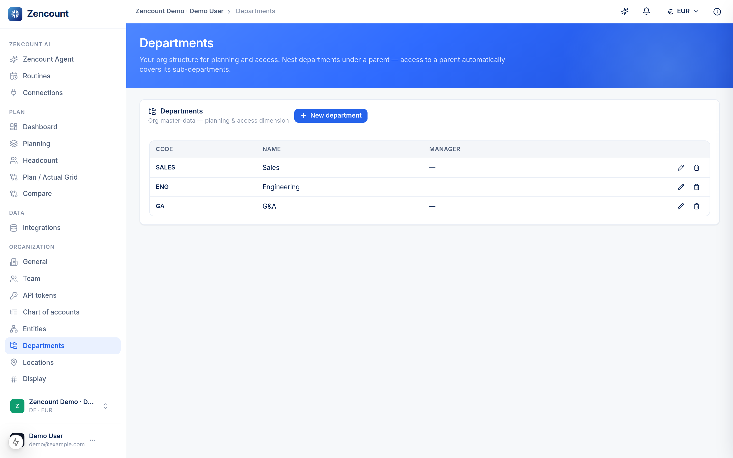 The departments settings page
