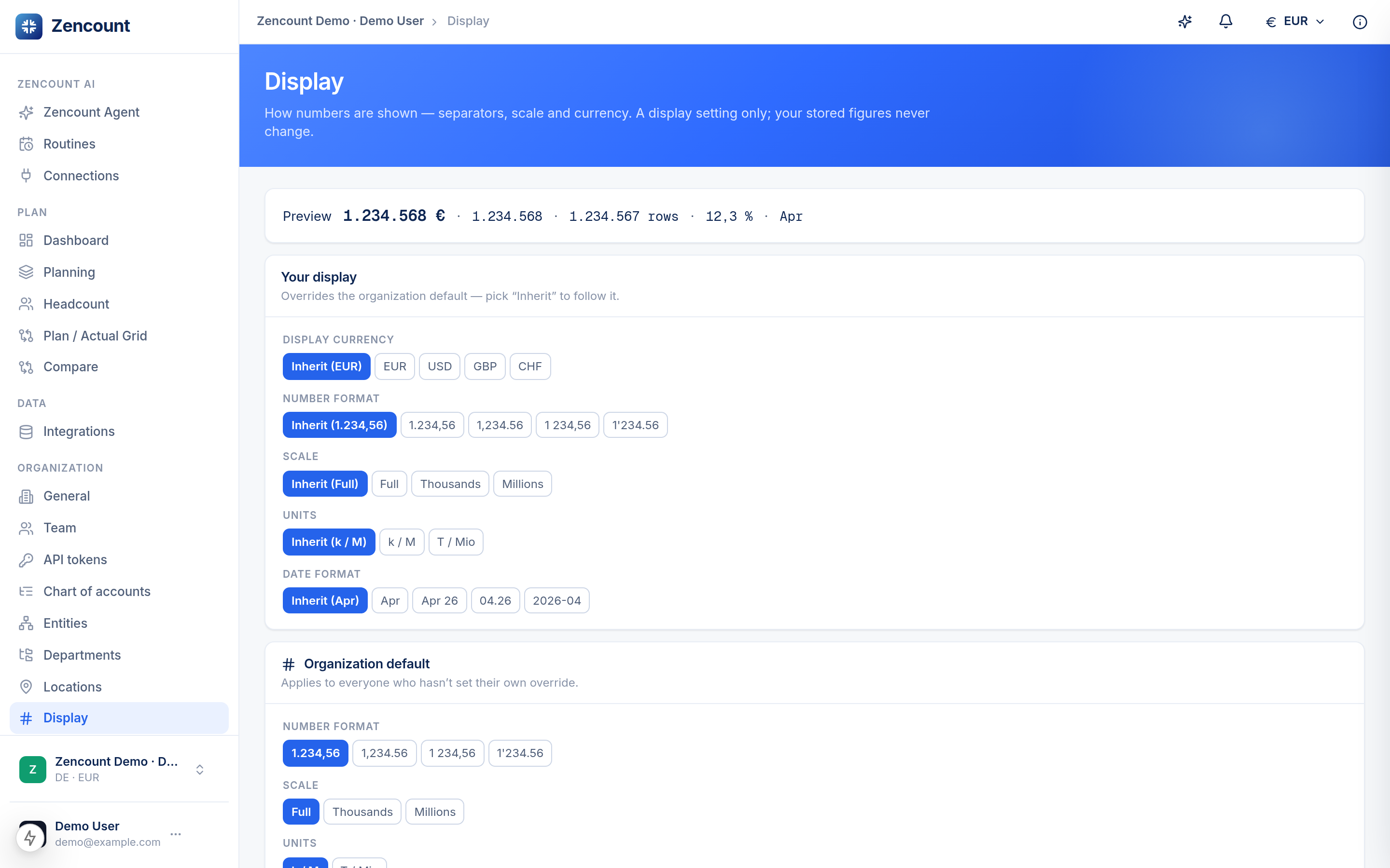 The display settings page