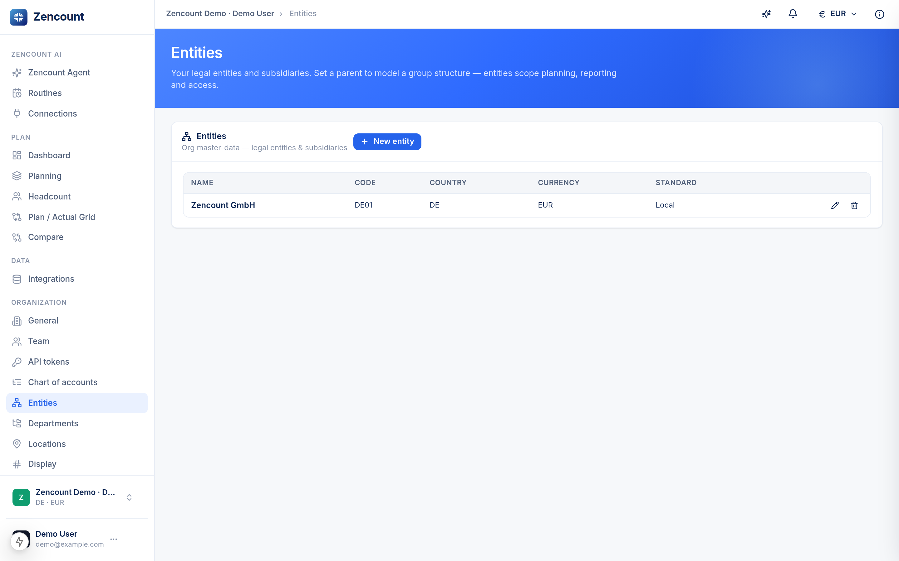 The entities settings page