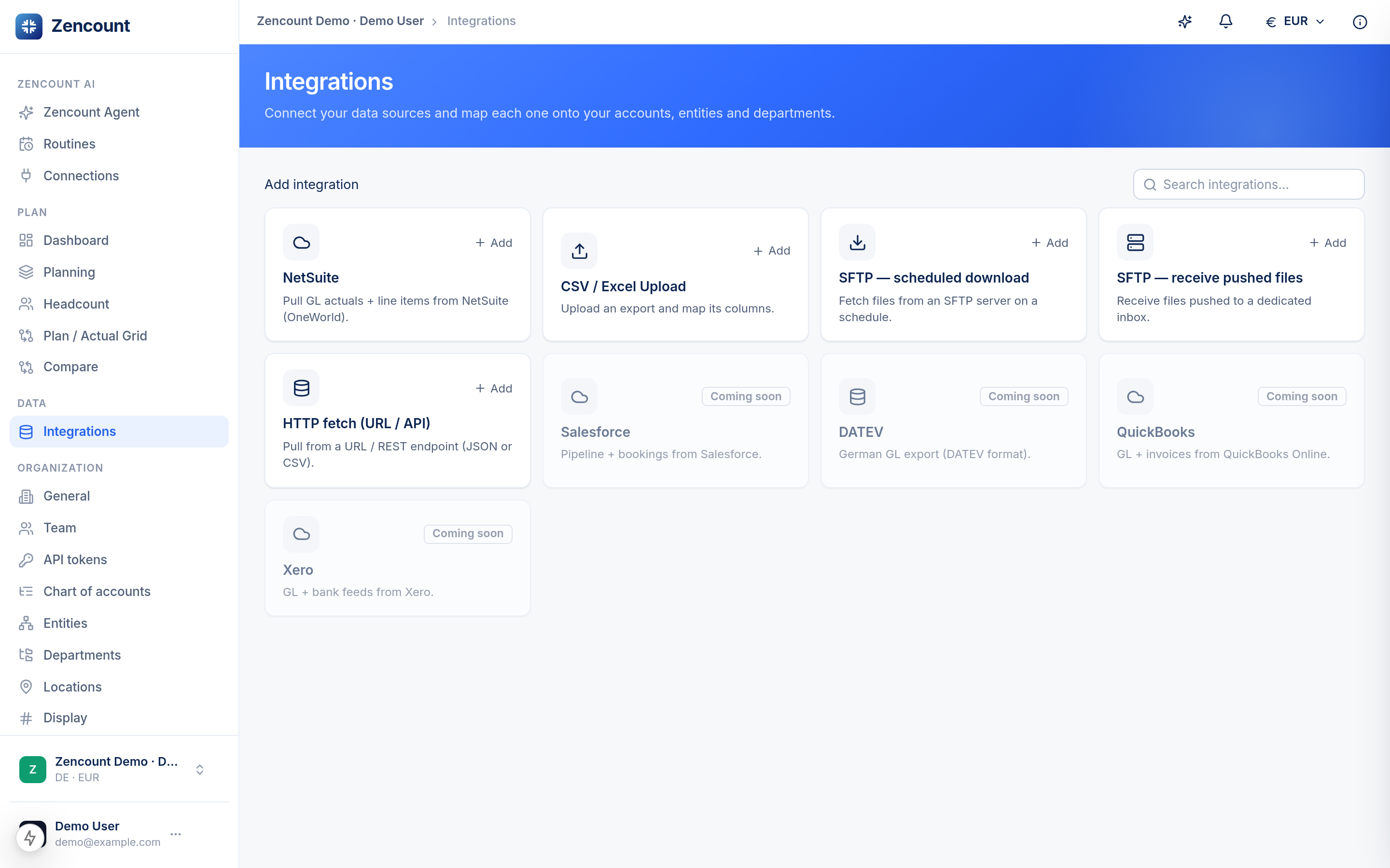 The integrations page listing available data sources
