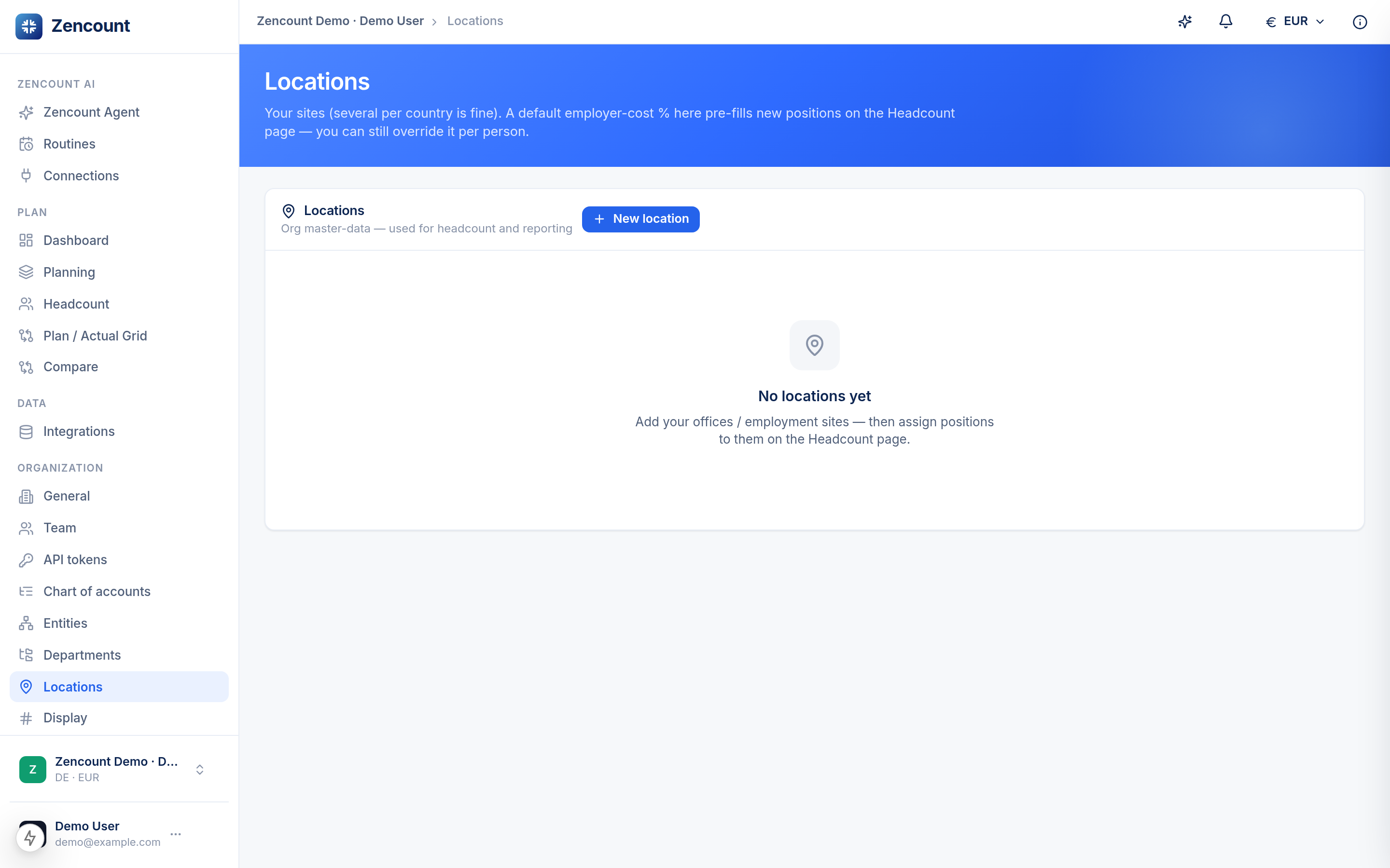 The locations settings page
