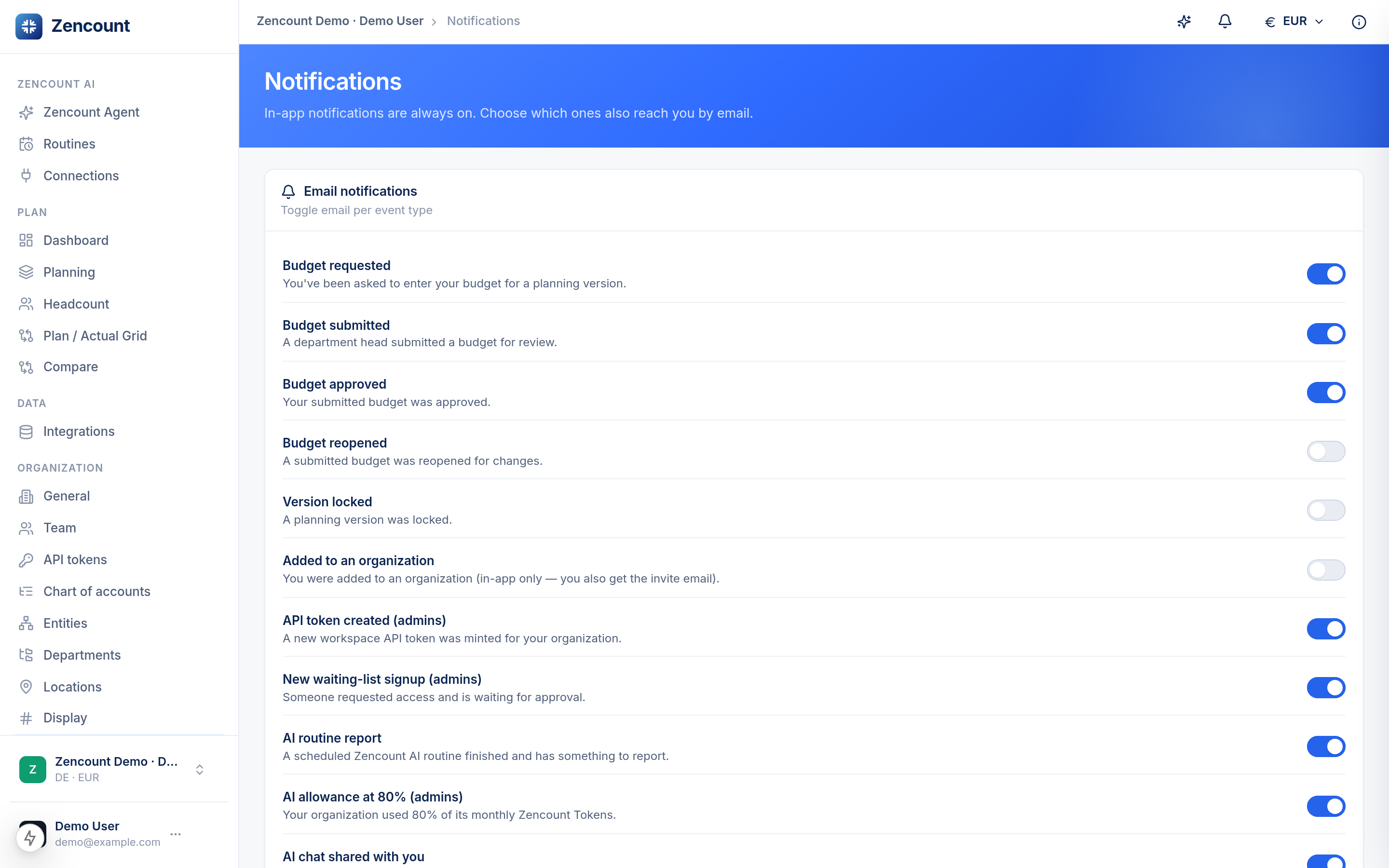 The notification preferences page with per-type email toggles